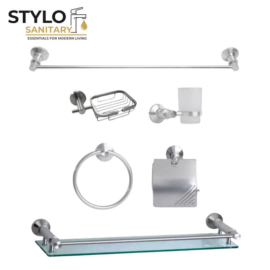 6 piece Bathroom Acessories Set-Stainless Steel-Silver & Black