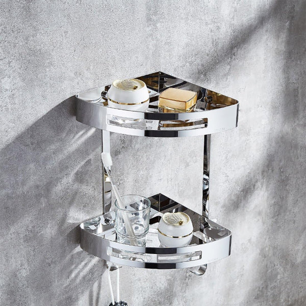 Bathroom Corner Double Shelf in Stainless Steel Silver.