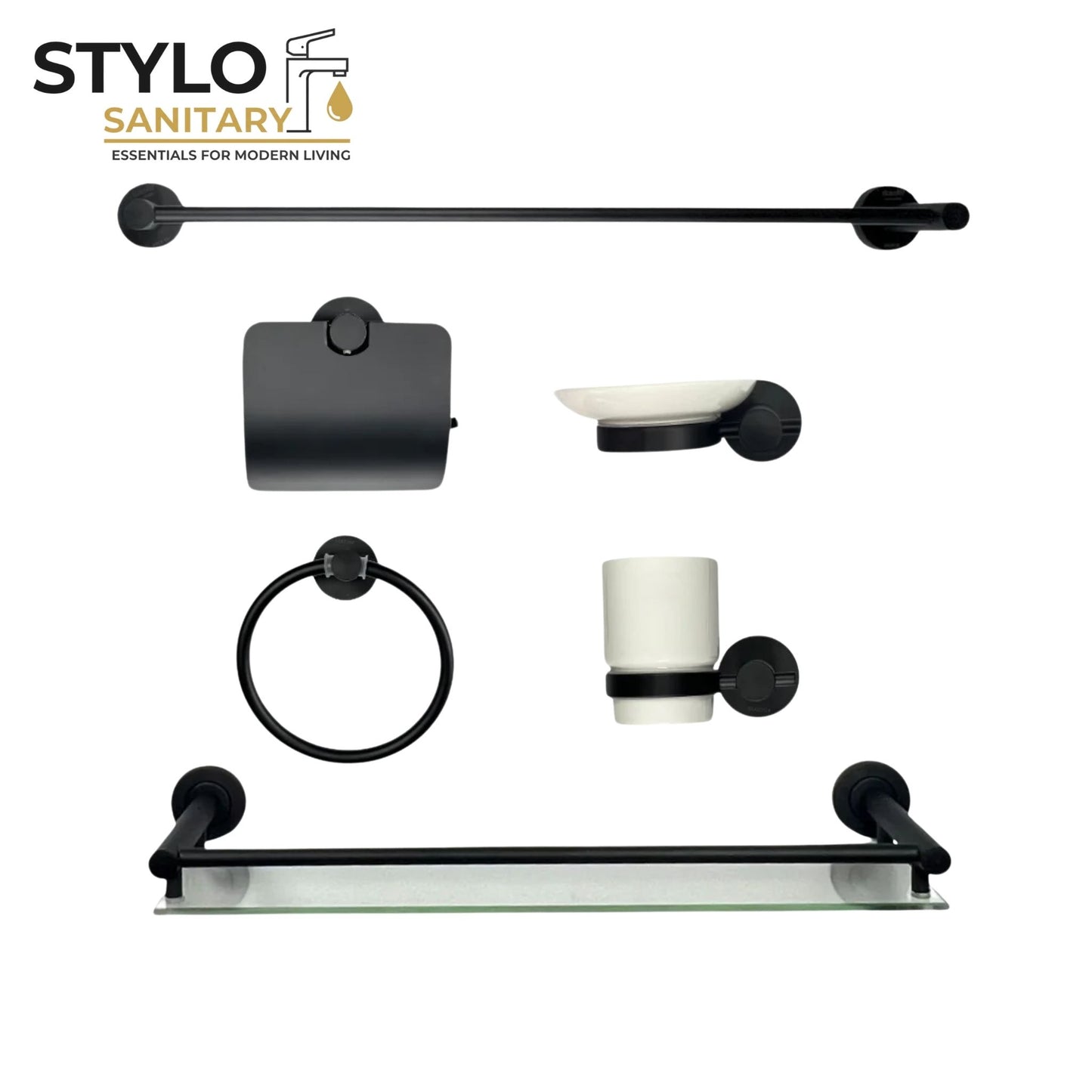 6 piece Bathroom Acessories Set-Stainless Steel-Silver & Black