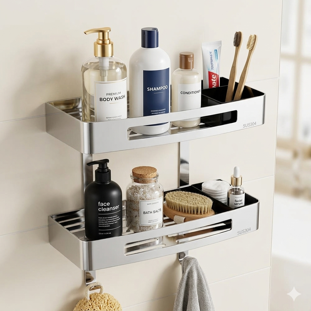 Premium SUS304 Stainless Steel Wall-Mounted Bathroom Shelf