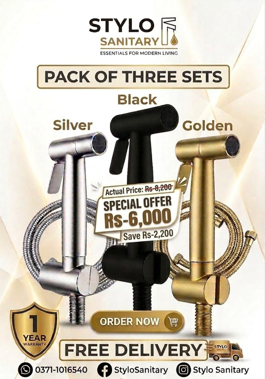 Pack of 3 Premium Toilet Shower Sets (Silver + Black + Golden) | Stainless Steel